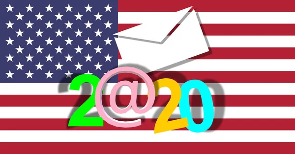 Online vote in USA. Remote voting  in the United States presidential election. Numbers with fun colors. 2020 over the American Stars and Stripes flag. Email symbol, internet message sign. Electoral envelope.