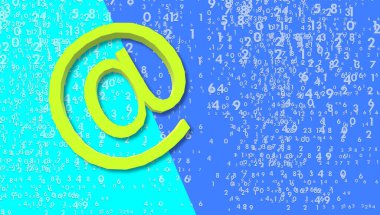 E- posta kodu. İletişim. Üç boyutlu illüstrasyon. Arka planda rastgele numaralar olan renkli bir tasarım. Soyut. Dosyalar ve veriler. Elektronik posta sembolü.