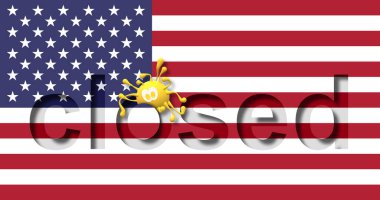 Amerika Birleşik Devletleri 'ni kapatın. Koronavirüs salgını. COVID-19. 3 boyutlu virüs grafikli ABD bayrağı. Eğriyi düzleştirmek, salgın, hastalık. Sağlık hizmeti kapasitesi. Ülke kapandı.. 