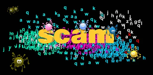 Scam Och Covid Virusritning Färgglad Affisch Internetbedrägeri Grupp Bakgrund Slumpmässiga — Stockfoto