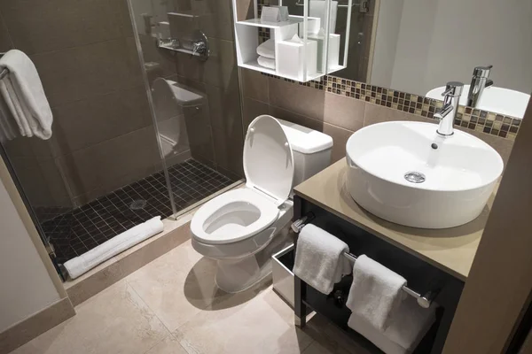 Современная раковина в ванной комнате, туалет и душ со стеклянными вставками — стоковое фото