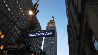 Madison Ave sokak işareti Manhattan New York at akşam karanlığı