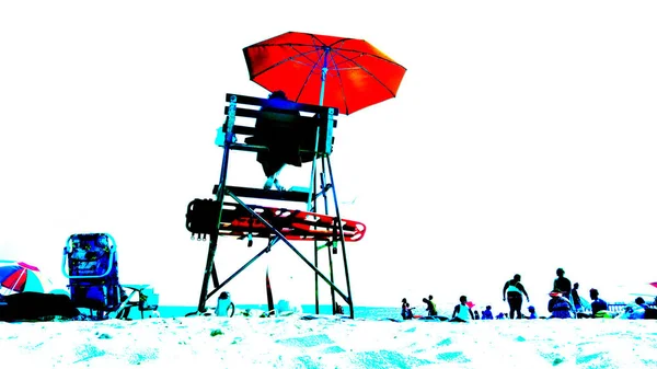 Stylized Beach Shoreline Lifeguard Tower Flags Rescue Boards Sun Umbrella — Stock Photo, Image