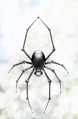 steel robot spider hanging from a single web line with blurry lighting circles in the background clipart