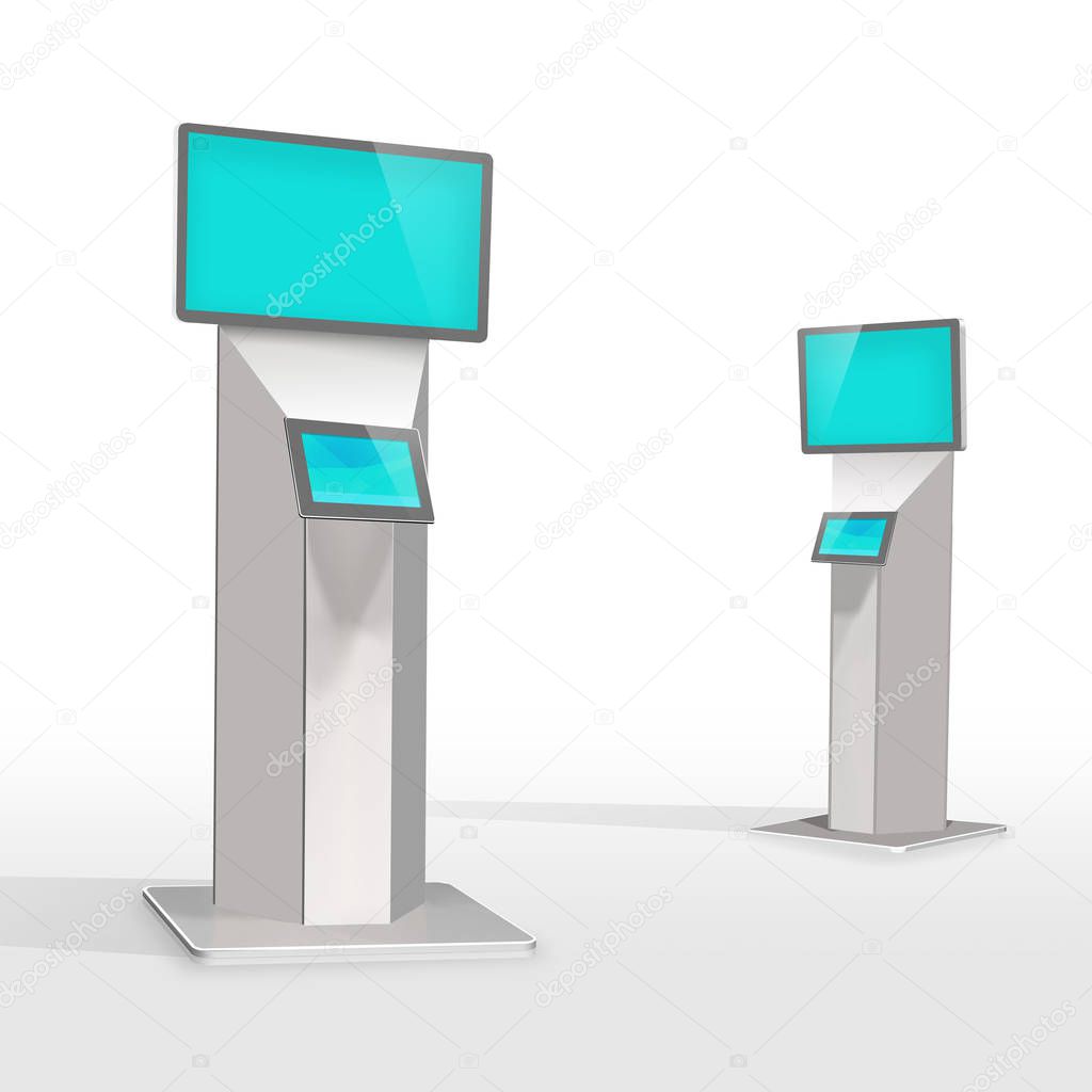 Modern information convention center, ticket, retail kiosks, touch screen self-serve electronic digital stations display