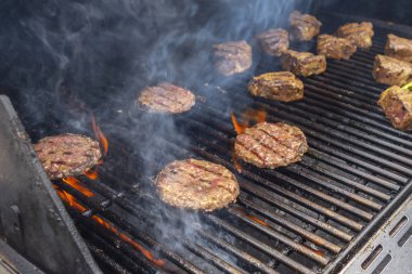 Yaz sığır Burger ve kuzu pirzola bir propan gaz ızgara üzerinde BBQ