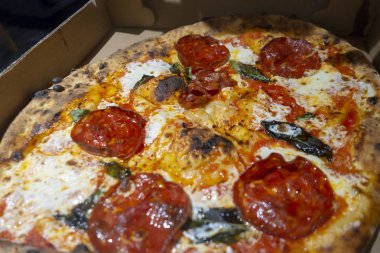 Tek servis tuğla fırın baharatlı sıcak ile Napoliten tarzı pizza 