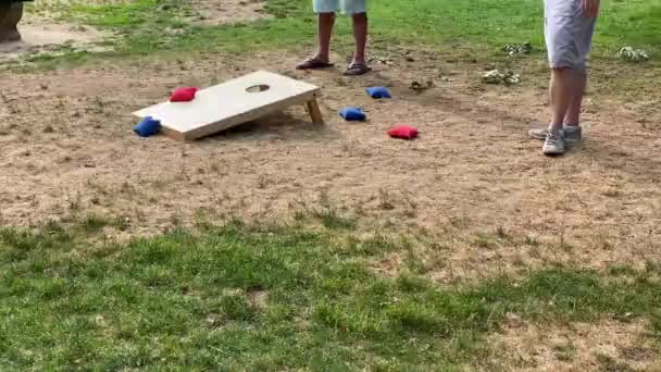 Young Men Playing Corn Hole Game Red Blue Throwing Bags — Stock Video