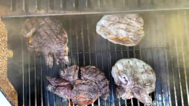 Steaks Pork Chops Gas Powered Outdoor Backyeard Grill — Stock Video
