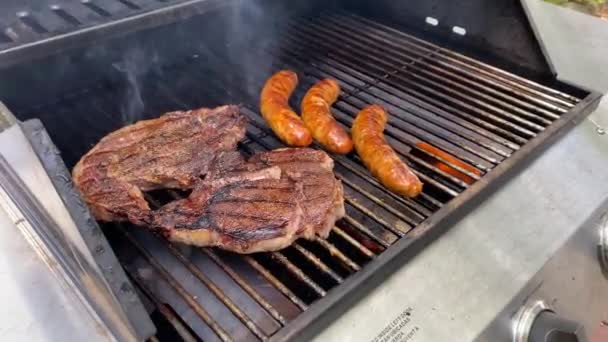 プロパンガスグリルにライフスタイル夏の屋外料理の杭とソーセージ金属舌を保持します — ストック動画