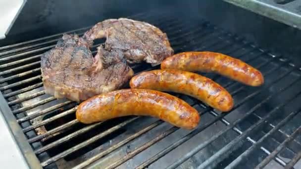 Estilo Vida Verão Homem Livre Cozinhando Estacas Salsichas Gás Propano — Vídeo de Stock