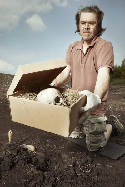 Skull Human Skeleton Packed Box Transportration Summer Terrain Excavations Field — Stock Photo, Image