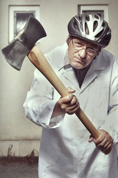 Older Paramedic Freak Man Medical Coat Became Angry Double Axe — Stock Photo, Image