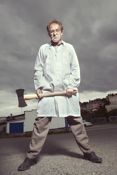 Older Paramedic Freak Man Medical Coat Beecame Angry Double Axe — Stock Photo, Image