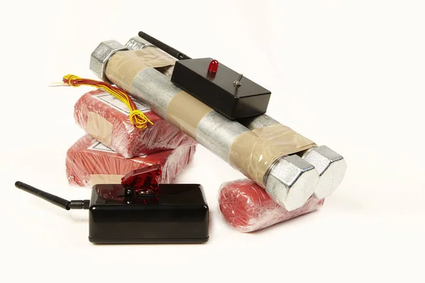 Seized Contraband Plastic Explosives Bomb Components Radio Detonator — Stock Photo, Image