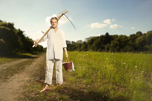 Villaggio Naturale Uomo Campagna Sul Prato Estivo Falciare Erba Con — Foto Stock