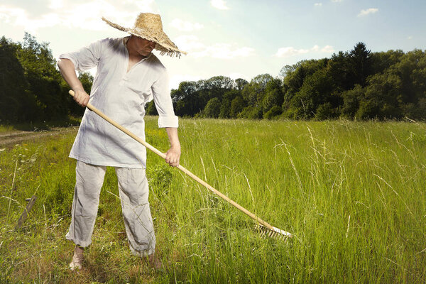 Village natural country man on summer meadow mowing grass with classic scythe