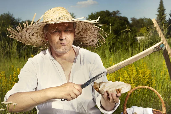 Dorf Natürlicher Landmann Auf Sommerwiese Beim Brotschneiden Nach Dem Rasenmähen — Stockfoto