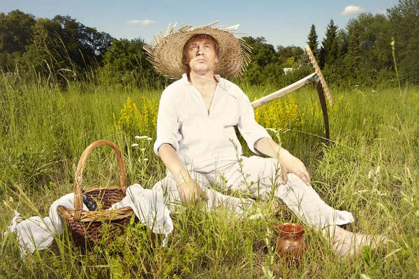 Сільський Природний Сільський Чоловік Літньому Лузі Розслабляється Після Косіння Трави — стокове фото