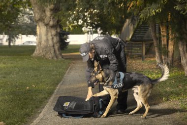 Polis köpeğiyle bilinmeyen tehlikeli olma olasılığı bulunan çanta Park kontrol