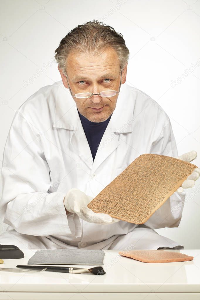 Scientist holding ancient type of Akkad empire style cuneiform 