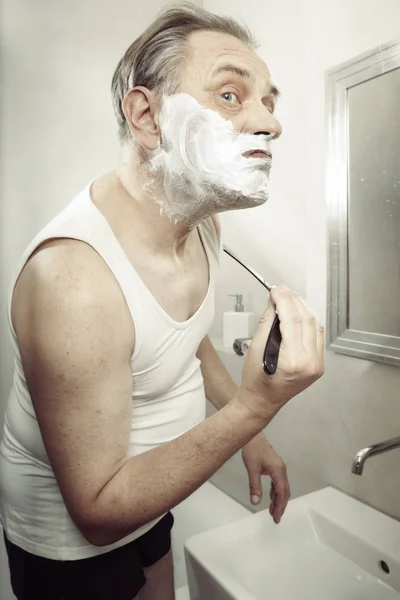 Aging Man Shirt Shaving Face Old Style Razor — Stock Photo, Image
