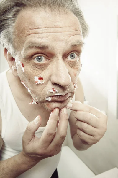 Aging Man Shirt Shaving Face Cut Himself Old Style Razor — Stock Photo, Image