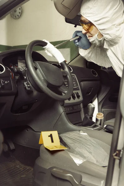 Crime Scene Investigation Collecting Odor Traces Criminal Suspected Car Police — Stock Photo, Image