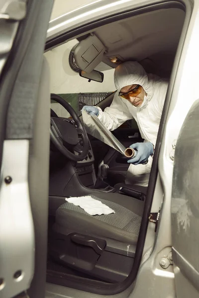 Crime Scene Investigation Collecting Odor Traces Criminal Suspected Car Police — Stock Photo, Image