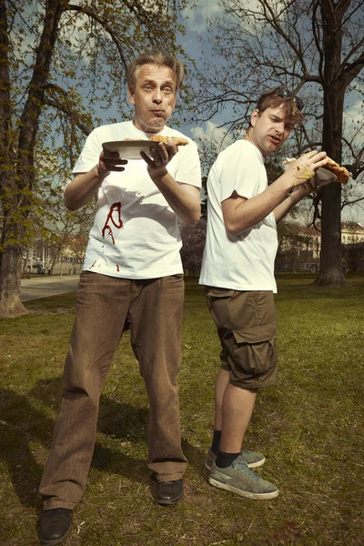 Men Street Park Eating Langos Garlic Ketchup Cheese — Stock Photo, Image