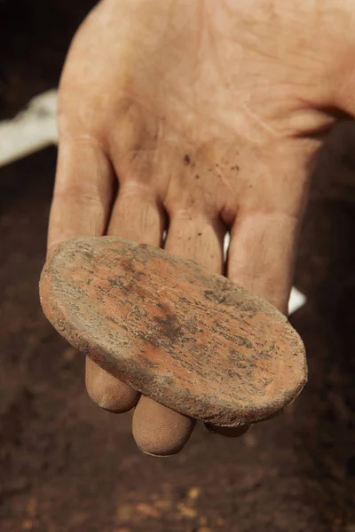 고고학 유적지에서 물체의 발견을 보여주는 자랑스러운 발견자 — 스톡 사진