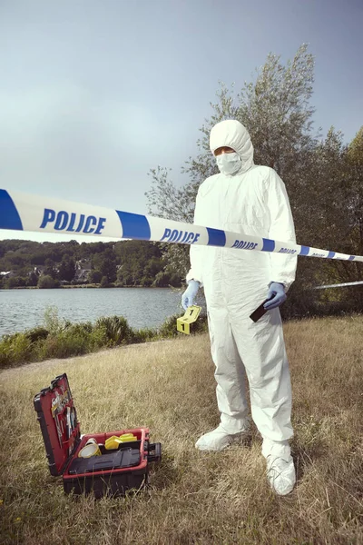 Criminologist Technician Police Barrier Tape Outdoor Location — Stock Photo, Image