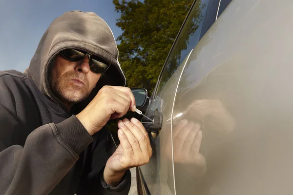 Addicted Man Black Hooded Shirt Stealing Car — Stock Photo, Image