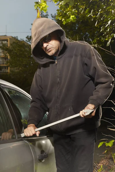 Addicted Man Black Hooded Shirt Stealing Car — Stock Photo, Image