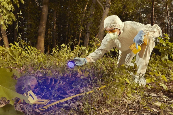 Останки Людини Знайдені Лісі Перевірка Знахідок Техніком Джерелом Ультрафіолетового Світла — стокове фото