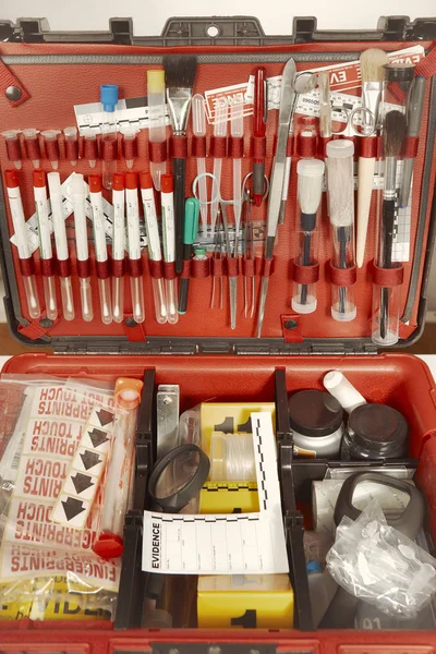 Valise Technicien Criminologue Avec Nombreux Outils Collecte Preuves — Photo