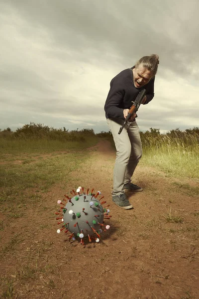 Armed Man Civilian Style Catching Virion Coronavirus — Stock Photo, Image