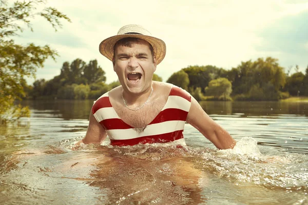 Funny Man Stylish Retro Swimsuit Straw Hat Swimming River — Stock Photo, Image