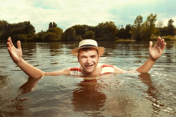 Funny Man Stylish Retro Swimsuit Straw Hat Swimming River — Stock Photo, Image