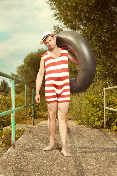 Funny Man Stylish Retro Swimsuit Straw Hat Posing Inner Tube — Stock Photo, Image