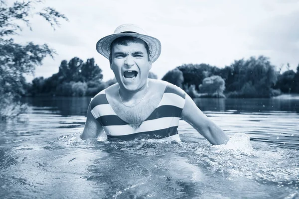 Funny Man Stylish Retro Swimsuit Straw Hat Posing Black White — Stock Photo, Image