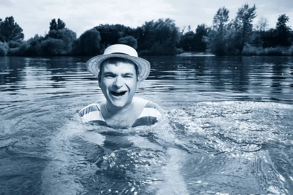 Funny Man Stylish Retro Swimsuit Straw Hat Posing Black White — Stock Photo, Image