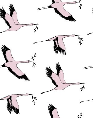 Pembe leylek kuş yaprakları ve ağız Gaga dalları ile uçan ile vektör Dikişsiz desen. Kumaş, bebek giysileri, arka plan, tekstil, ambalaj kağıdı ve diğer dekorasyon için desen.