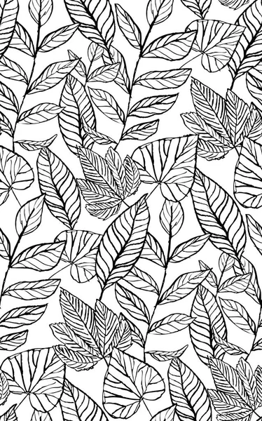 Tropikalne bezszwowe liści wzór, ręcznie rysowane czarno-białe różne liście roślin z winorośli na białym tle, motyw Vintage, tło botaniczne, Tapeta, lato, wiosna — Wektor stockowy