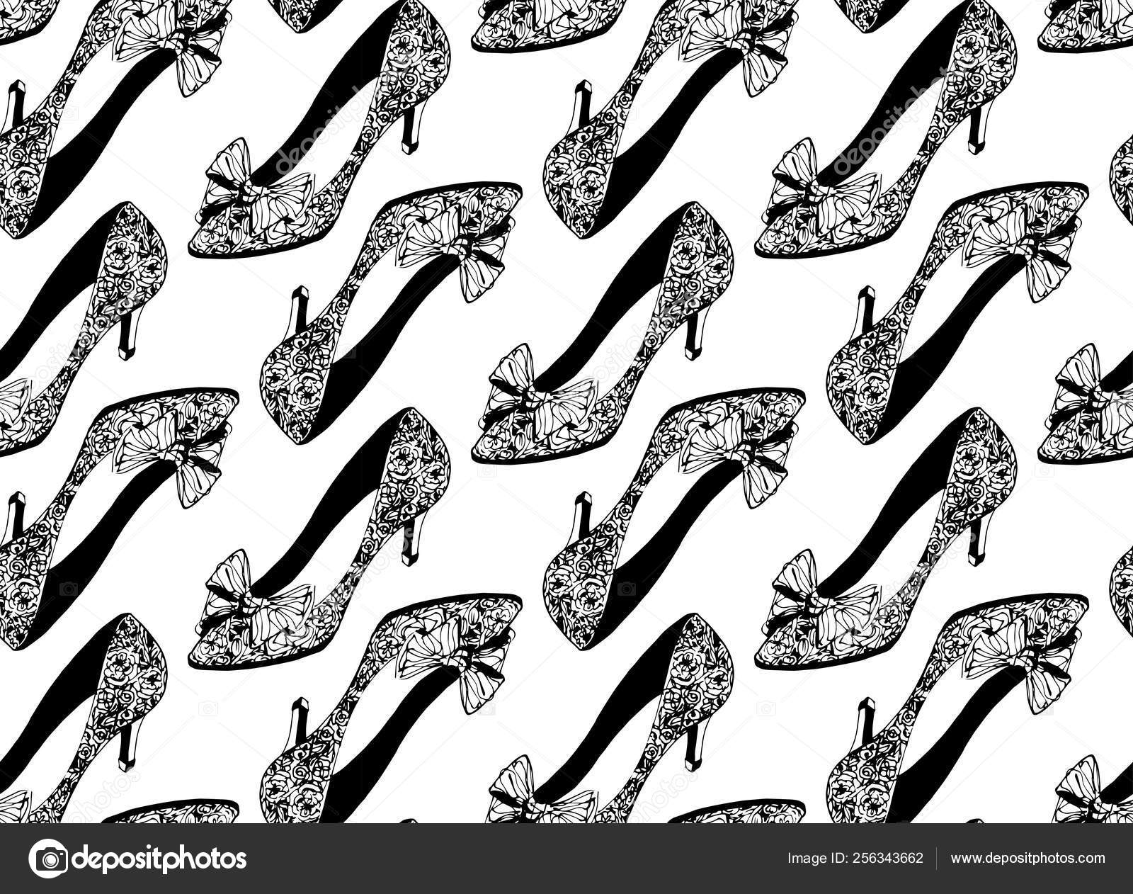 High heel shoes hand drawn with flower details, seamless repeating pattern.  Cinderella fantasy print texture. Fabric design. Princess design wallpaper,  backdrop. Stock Vector Image by ©ArtbyEsti #256343662