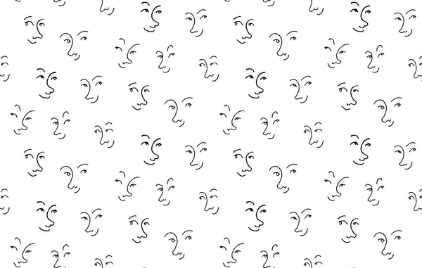 Caracteres engraçados rostos com expressões padrão sem costura, ilustração vetorial desenhada à mão, em cores preto e branco — Vetor de Stock