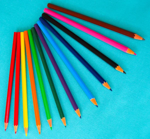 Set Children Colored Pencils Turquoise Background — Stock Photo, Image