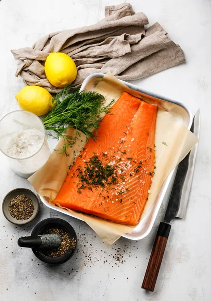 Fresh red fish Salmon fillet ready for salting, spices and knife on white background — Stock Image Fresh Red Fish Salmon Fillet Ready Salting Spices Knife White Royalty Free Stock Images