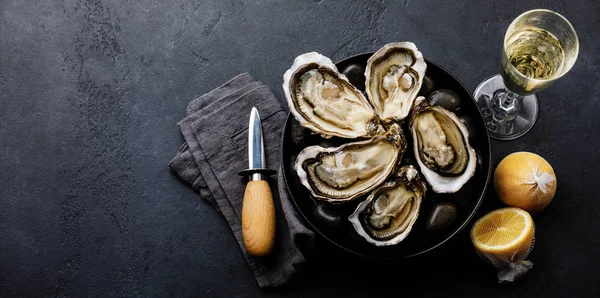 Fresh Oysters with lemon and champagne on stones on dark background copy space