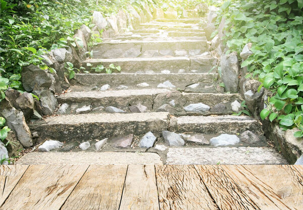 stone stairs landscaping in garden with wood floor